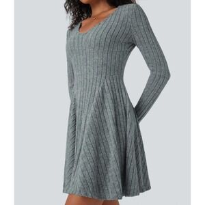 Halara M nwt blue ribbed knit long sleeve flare mini casual mini dress office